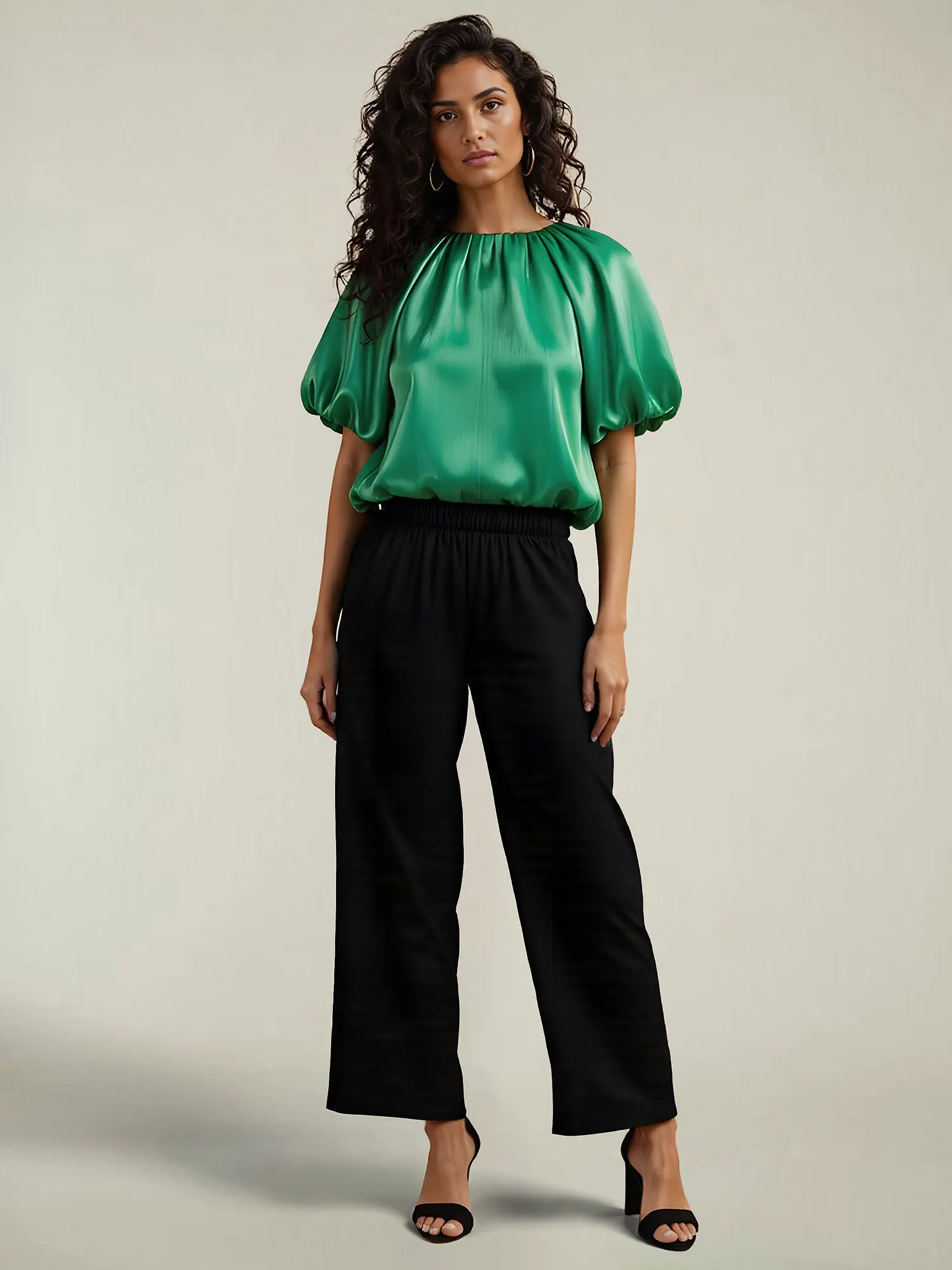 Crew Neck Satin Bubble Hem Top