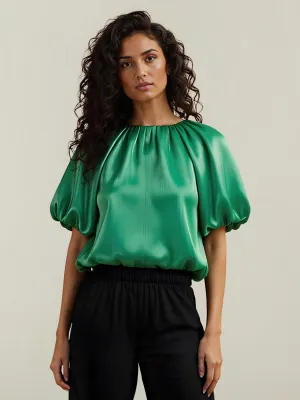 Crew Neck Satin Bubble Hem Top
