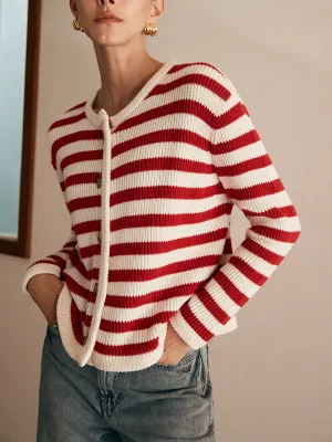 Crew Neck Striped Jersey Cardigan