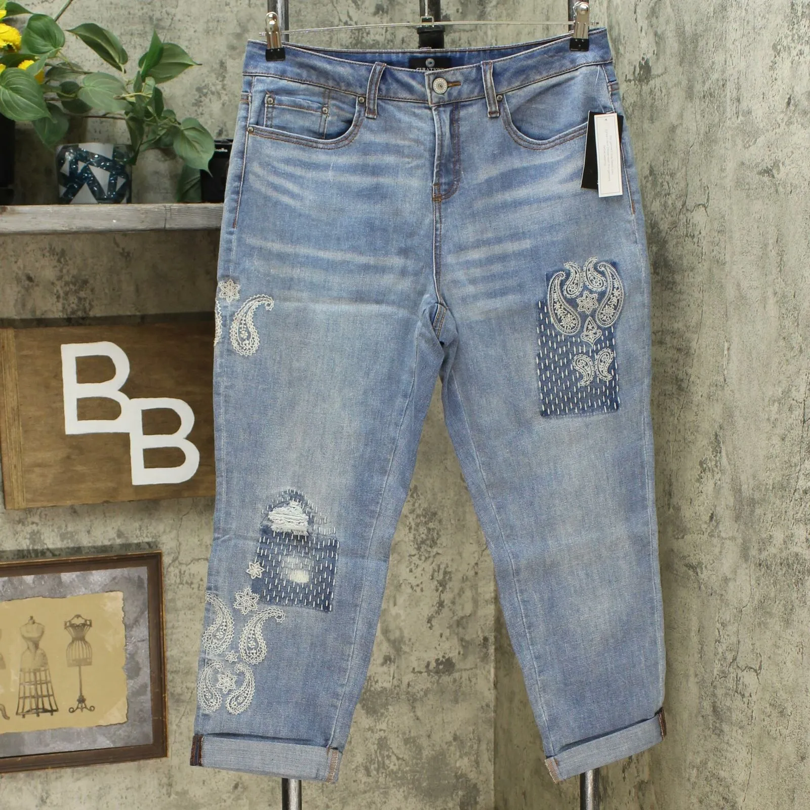 Curations Women's Vintage Paisley Embroidered Boyfriend Jeans