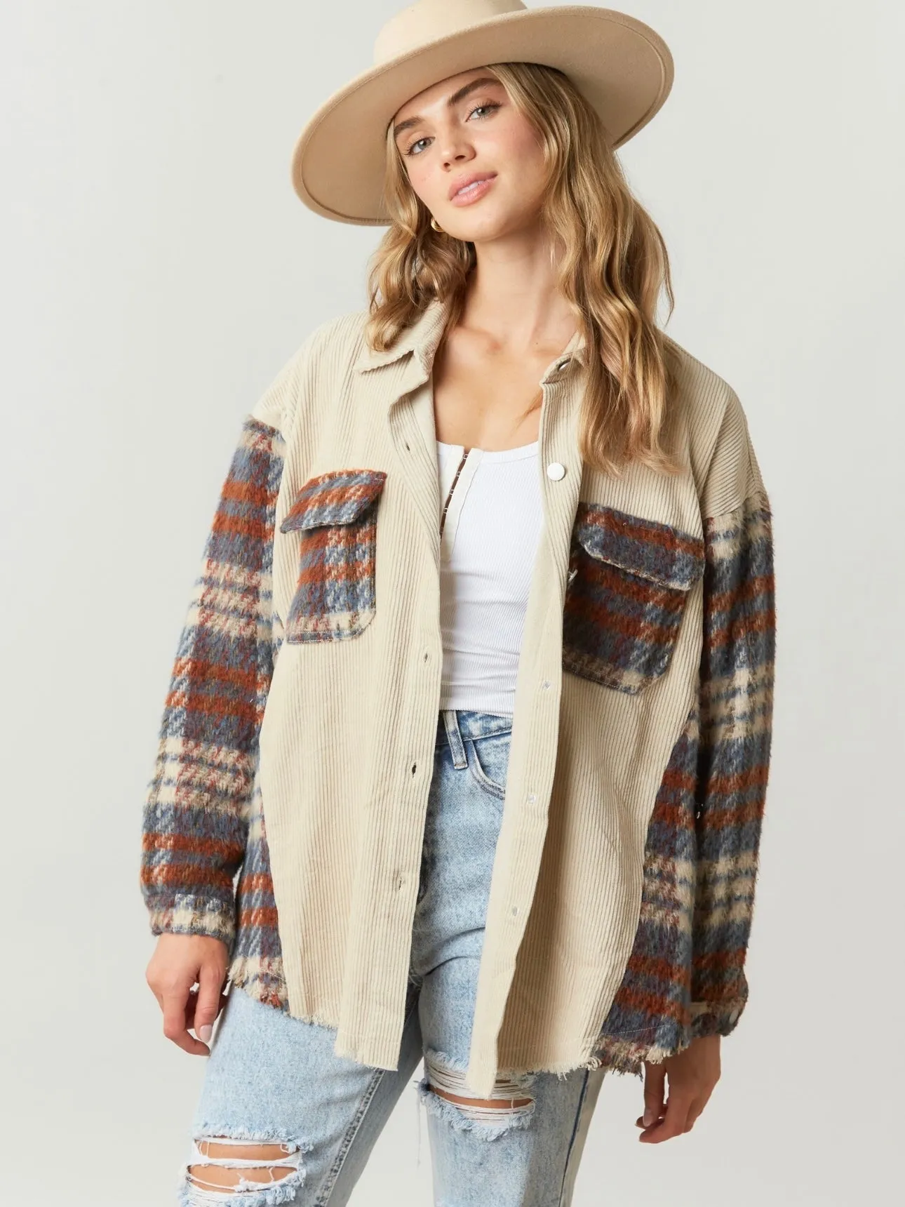 Cute N’ Cozy Plaid Shacket: Beige Mix