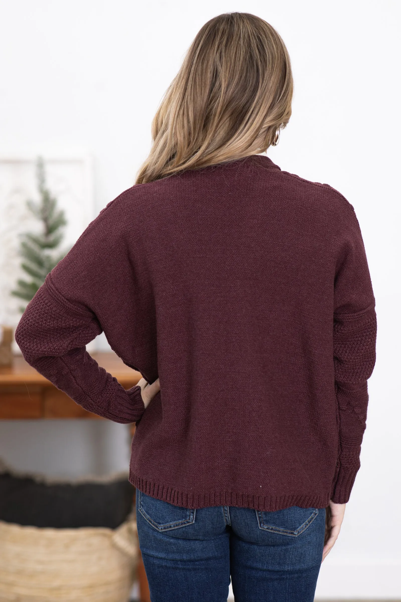 Dark Mauve Cardigan With Pompom Detail