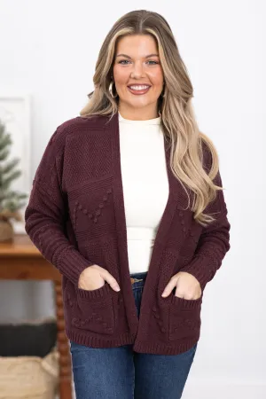 Dark Mauve Cardigan With Pompom Detail