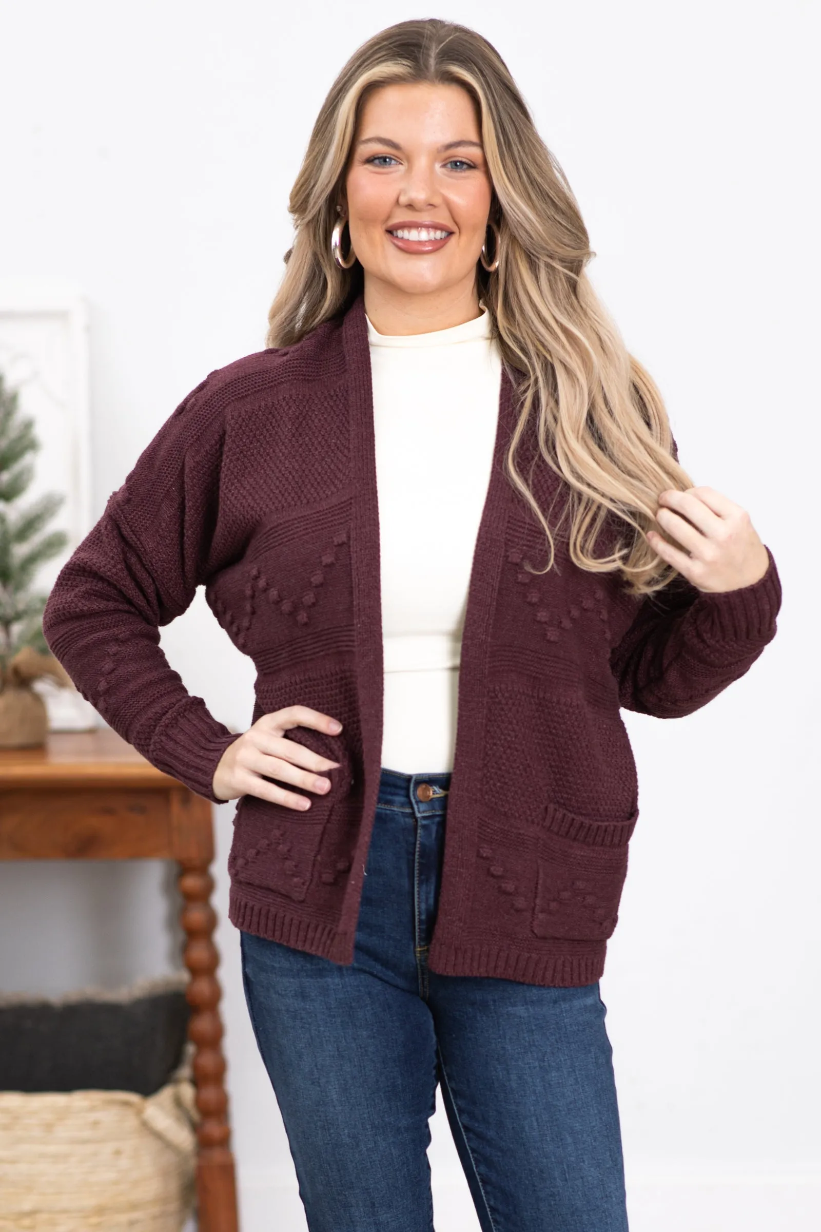 Dark Mauve Cardigan With Pompom Detail