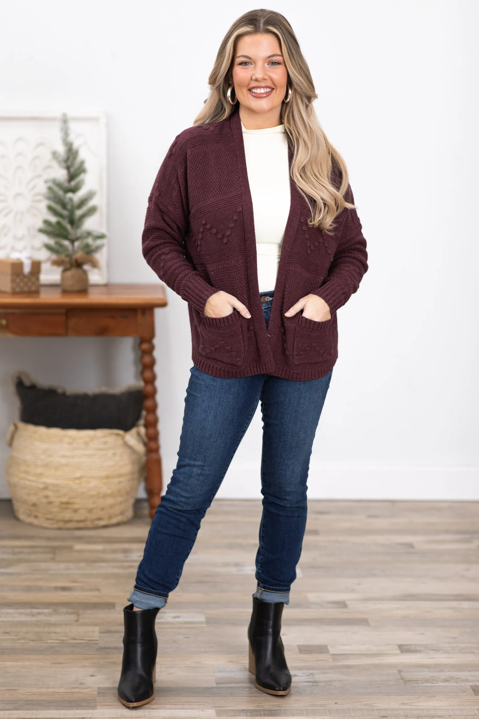Dark Mauve Cardigan With Pompom Detail