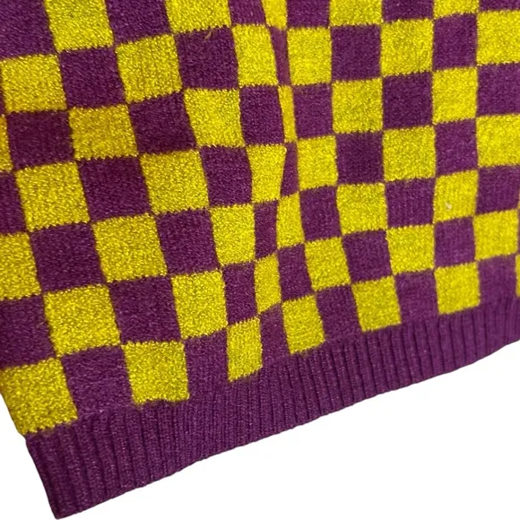 Daydreamer Fig Check Yellow Purple Soft Stretchy Crop Sweater, NWT, Small