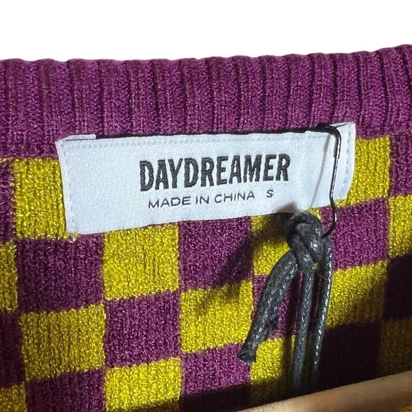 Daydreamer Fig Check Yellow Purple Soft Stretchy Crop Sweater, NWT, Small