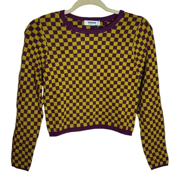 Daydreamer Fig Check Yellow Purple Soft Stretchy Crop Sweater, NWT, Small