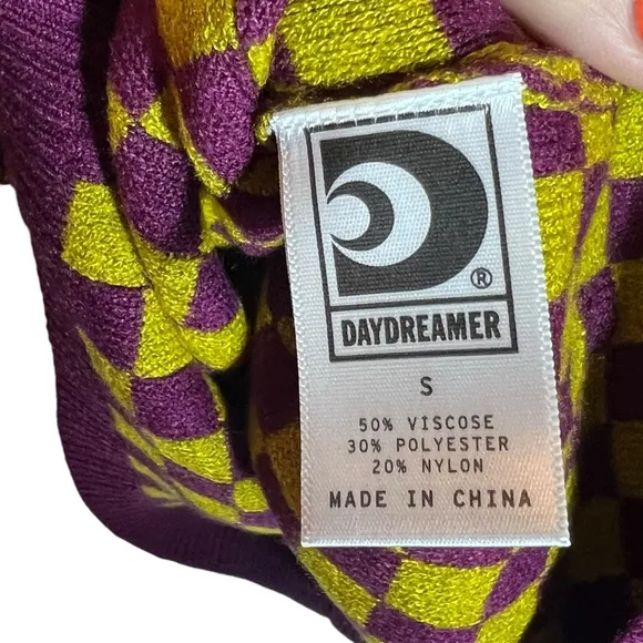 Daydreamer Fig Check Yellow Purple Soft Stretchy Crop Sweater, NWT, Small