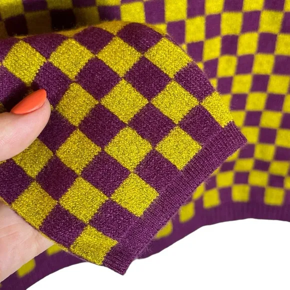 Daydreamer Fig Check Yellow Purple Soft Stretchy Crop Sweater, NWT, Small