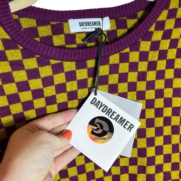 Daydreamer Fig Check Yellow Purple Soft Stretchy Crop Sweater, NWT, Small
