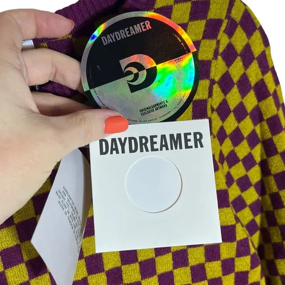 Daydreamer Fig Check Yellow Purple Soft Stretchy Crop Sweater, NWT, Small