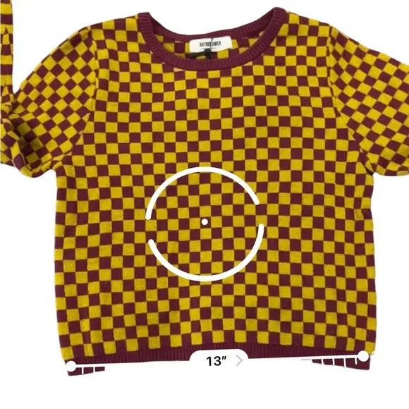 Daydreamer Fig Check Yellow Purple Soft Stretchy Crop Sweater, NWT, Small
