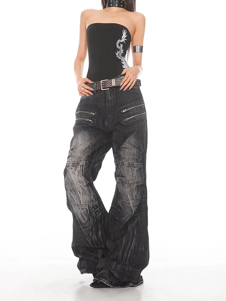 Distressed Wrinkled Zip Denim Jeans