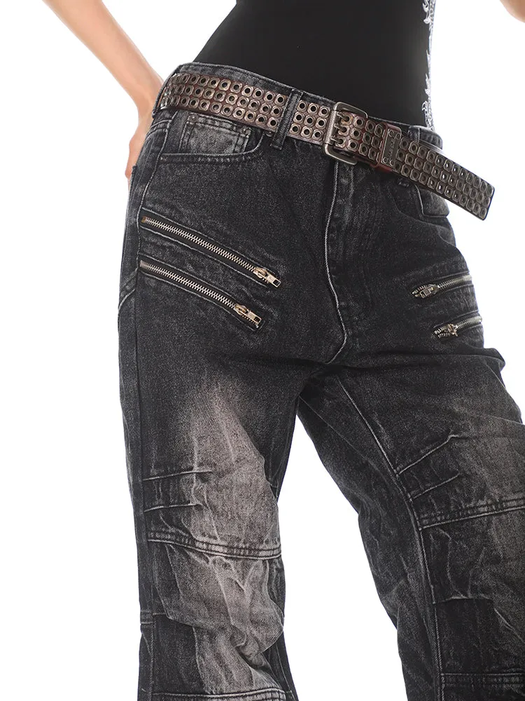 Distressed Wrinkled Zip Denim Jeans
