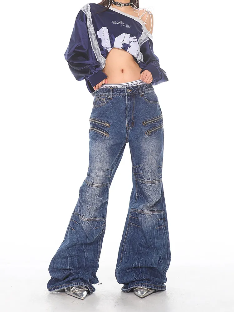 Distressed Wrinkled Zip Denim Jeans