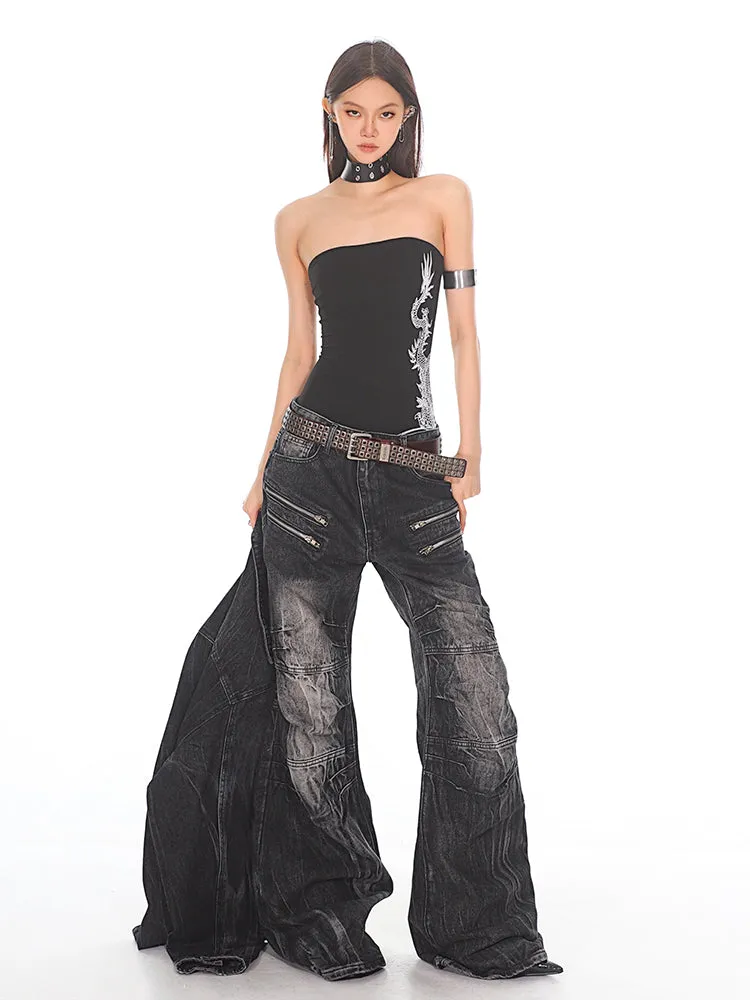 Distressed Wrinkled Zip Denim Jeans