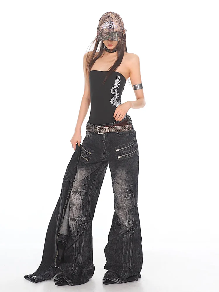 Distressed Wrinkled Zip Denim Jeans