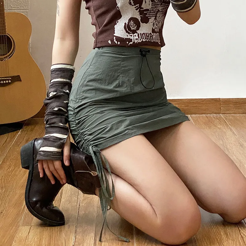 Drawstring Ruched Polyester Mini Skirt