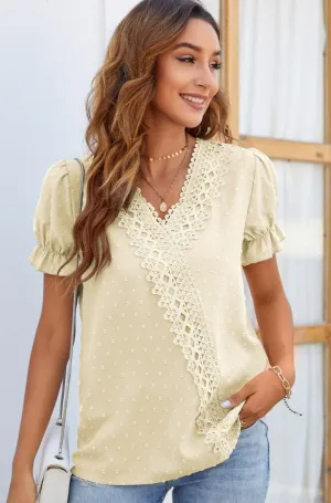 Elise V-neck Short Sleeve Top - Beige