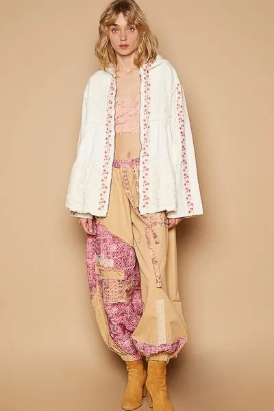 Embroidered Lace Patch Zip Up Hooded Jacket