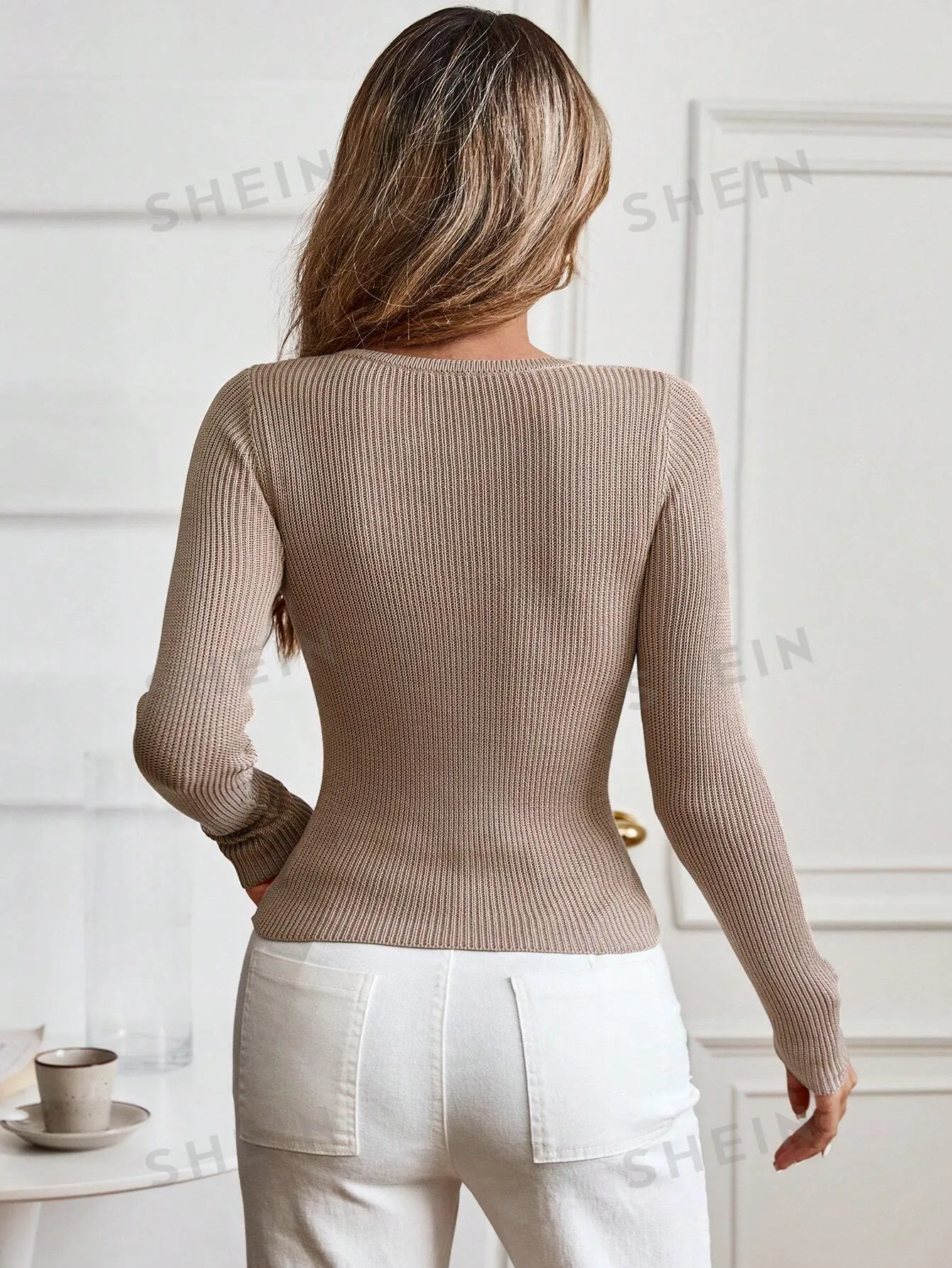 Essnce Women's Solid V-Neck Long Sleeve Fitted Sweater, Autumn/Winter