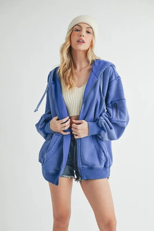 Exposed Seam Zip Up Drawstring Hooded Jacket