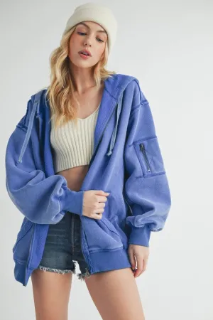 Exposed Seam Zip Up Drawstring Hooded Jacket