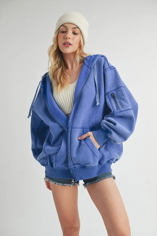Exposed Seam Zip Up Drawstring Hooded Jacket