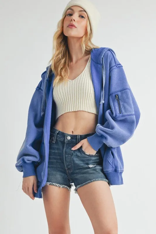 Exposed Seam Zip Up Drawstring Hooded Jacket