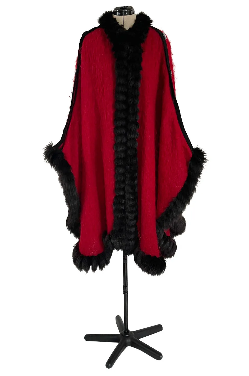 Fabulous 1970s Yves Saint Laurent Red Mohair Cape w Black Fox Fur Trim & Button Detailing