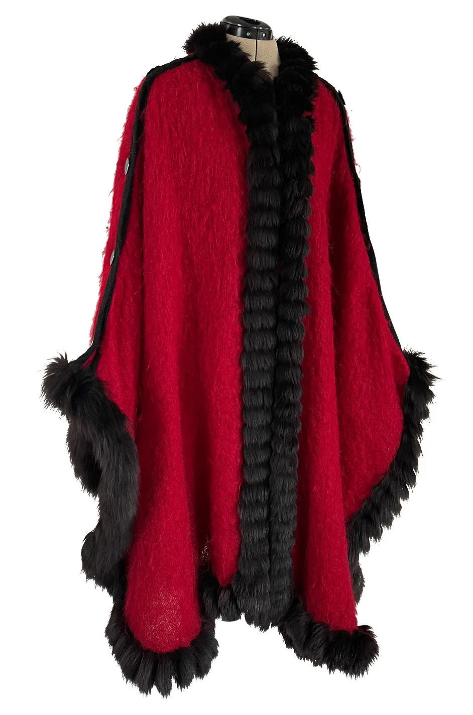 Fabulous 1970s Yves Saint Laurent Red Mohair Cape w Black Fox Fur Trim & Button Detailing