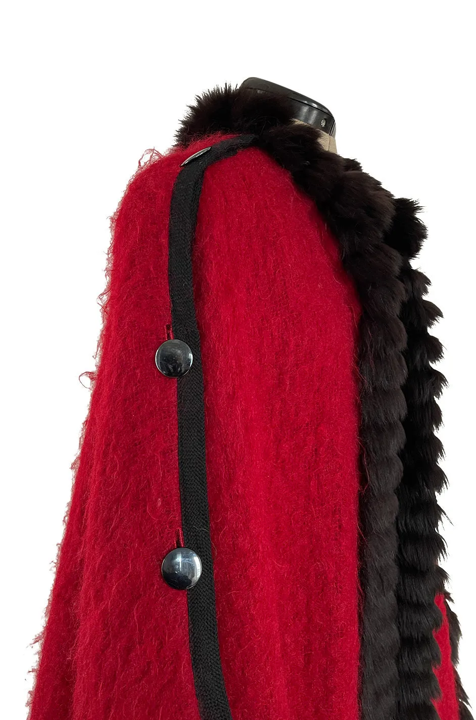 Fabulous 1970s Yves Saint Laurent Red Mohair Cape w Black Fox Fur Trim & Button Detailing