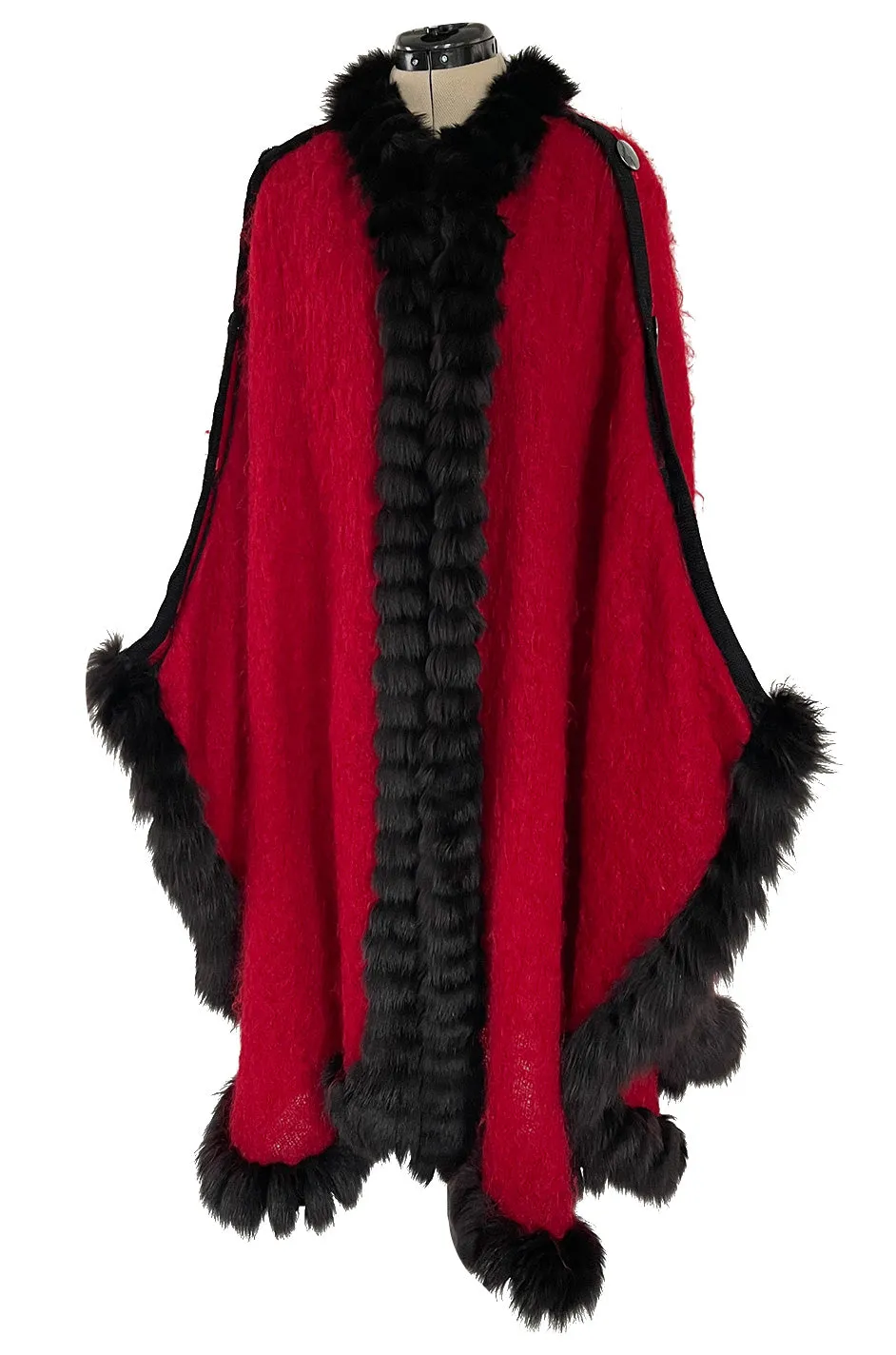 Fabulous 1970s Yves Saint Laurent Red Mohair Cape w Black Fox Fur Trim & Button Detailing