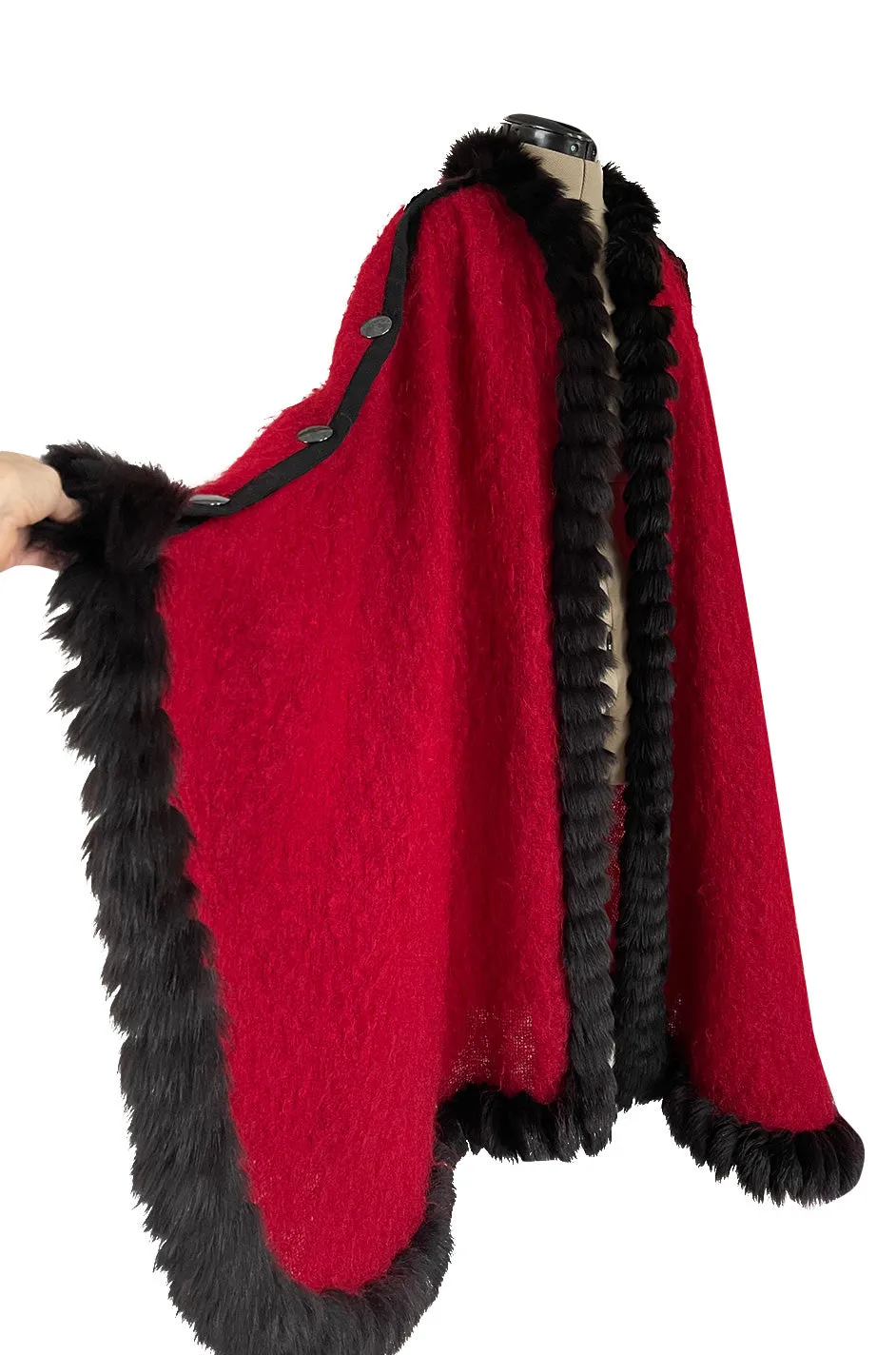 Fabulous 1970s Yves Saint Laurent Red Mohair Cape w Black Fox Fur Trim & Button Detailing
