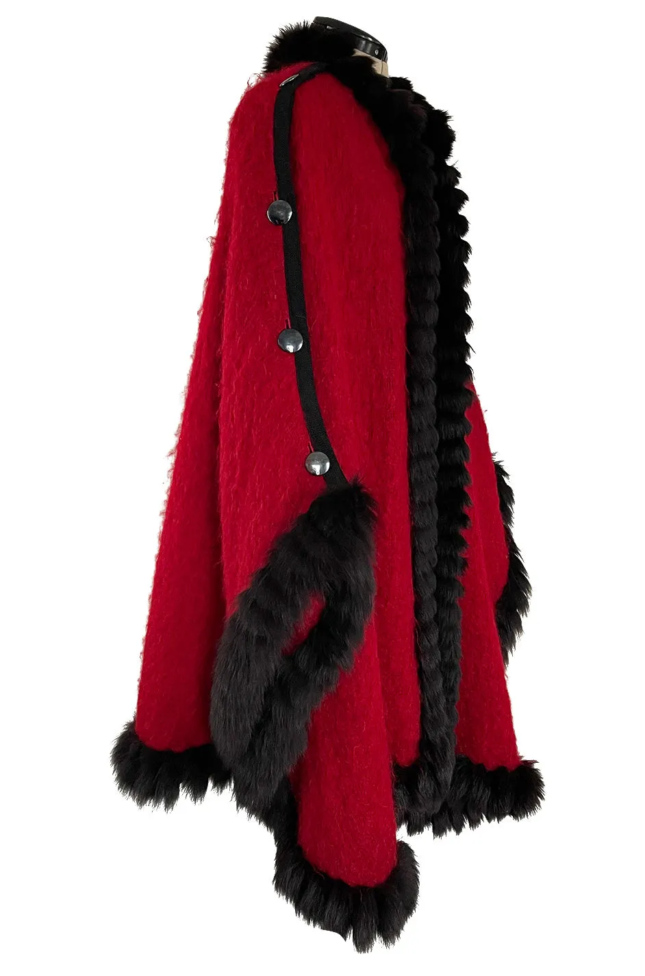 Fabulous 1970s Yves Saint Laurent Red Mohair Cape w Black Fox Fur Trim & Button Detailing
