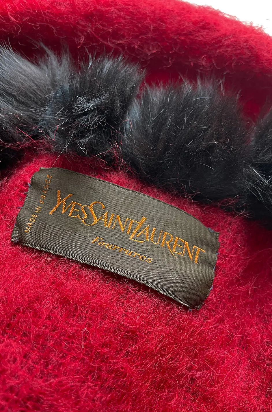 Fabulous 1970s Yves Saint Laurent Red Mohair Cape w Black Fox Fur Trim & Button Detailing