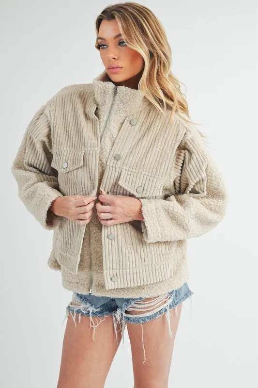 Fake Two Piece Turtleneck Sherpa Jacket with Pockets