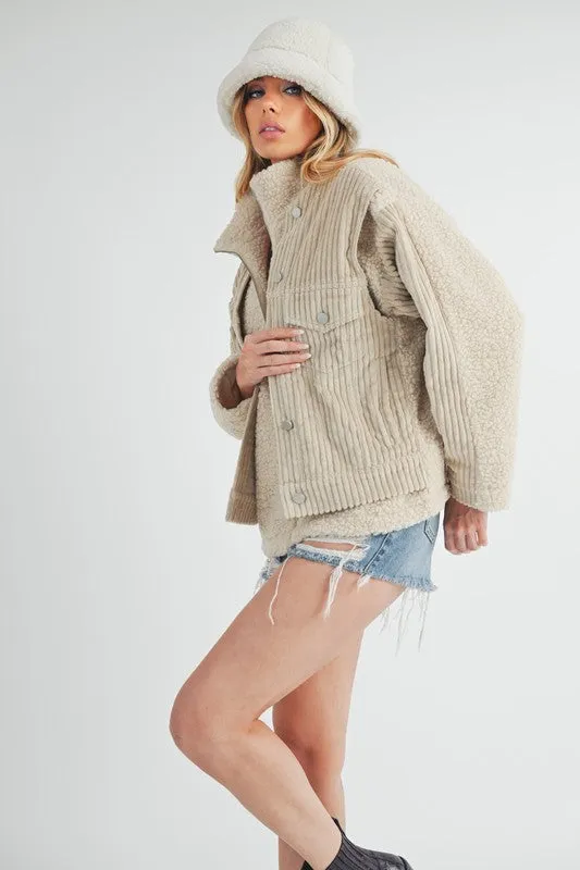 Fake Two Piece Turtleneck Sherpa Jacket with Pockets