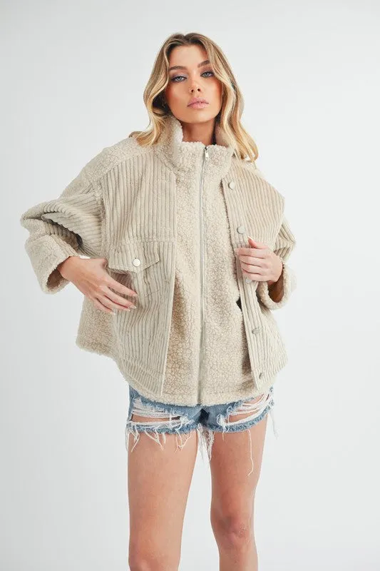 Fake Two Piece Turtleneck Sherpa Jacket with Pockets