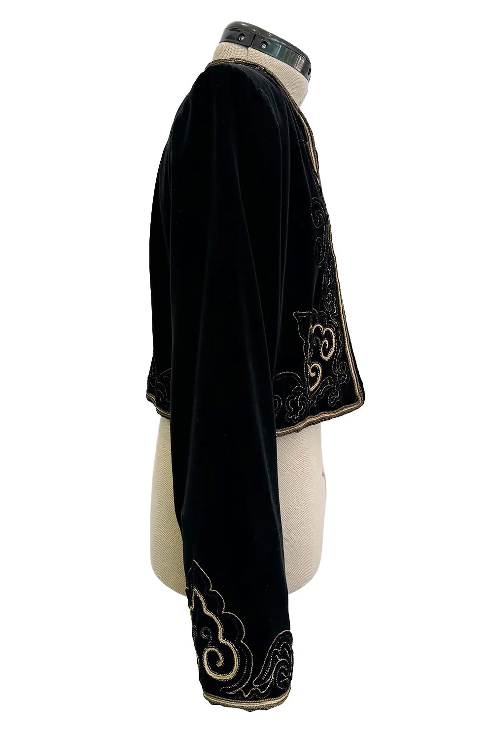 Fantastic 1970s Yves Saint Laurent Cropped Boc Cut Black Velvet Jacket w Metallic Gold Cord Detailing