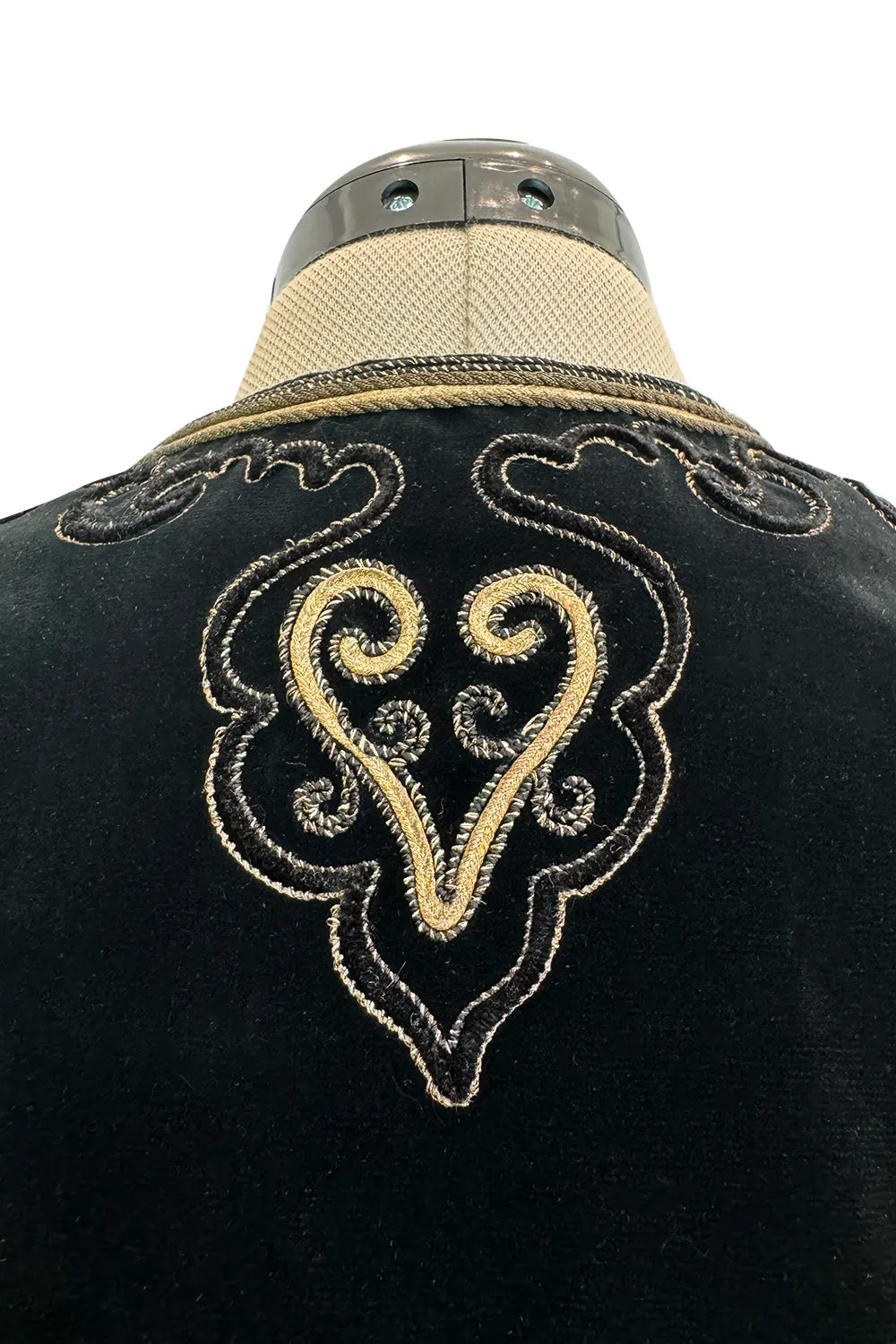 Fantastic 1970s Yves Saint Laurent Cropped Boc Cut Black Velvet Jacket w Metallic Gold Cord Detailing
