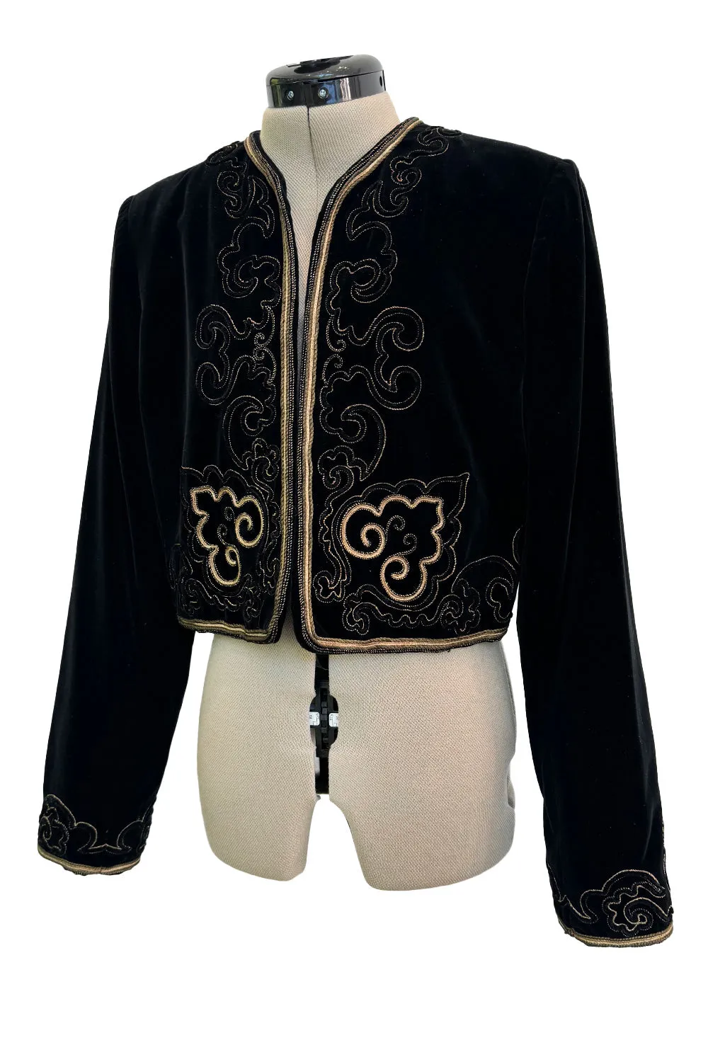 Fantastic 1970s Yves Saint Laurent Cropped Boc Cut Black Velvet Jacket w Metallic Gold Cord Detailing