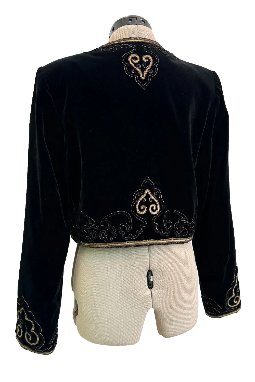 Fantastic 1970s Yves Saint Laurent Cropped Boc Cut Black Velvet Jacket w Metallic Gold Cord Detailing