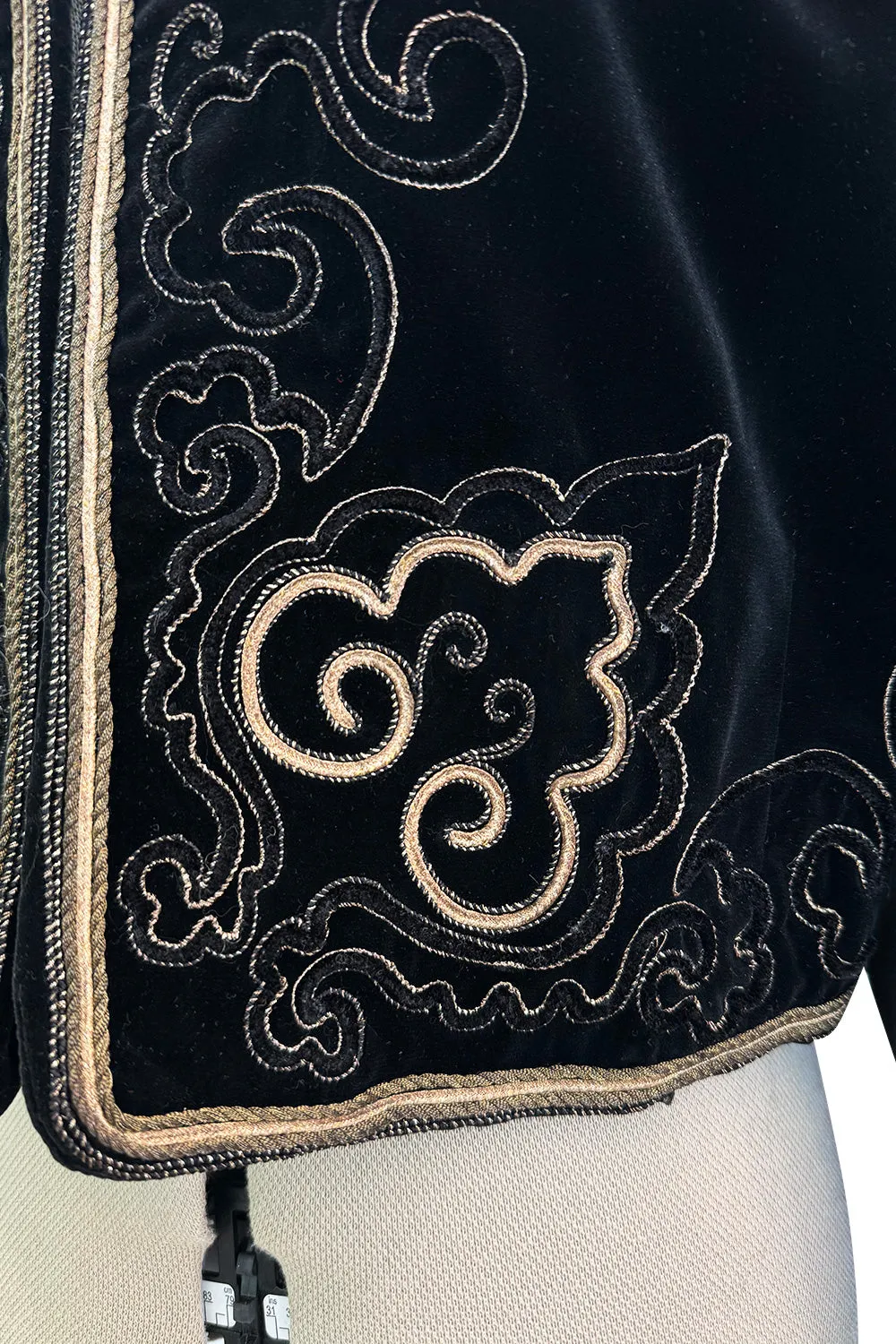 Fantastic 1970s Yves Saint Laurent Cropped Boc Cut Black Velvet Jacket w Metallic Gold Cord Detailing