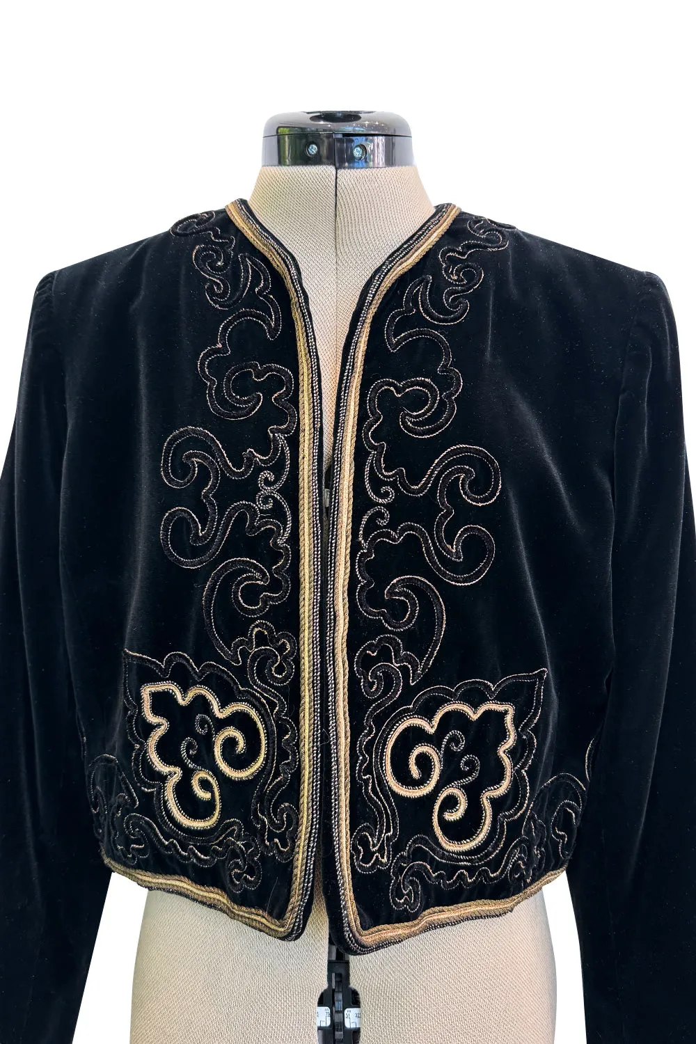 Fantastic 1970s Yves Saint Laurent Cropped Boc Cut Black Velvet Jacket w Metallic Gold Cord Detailing