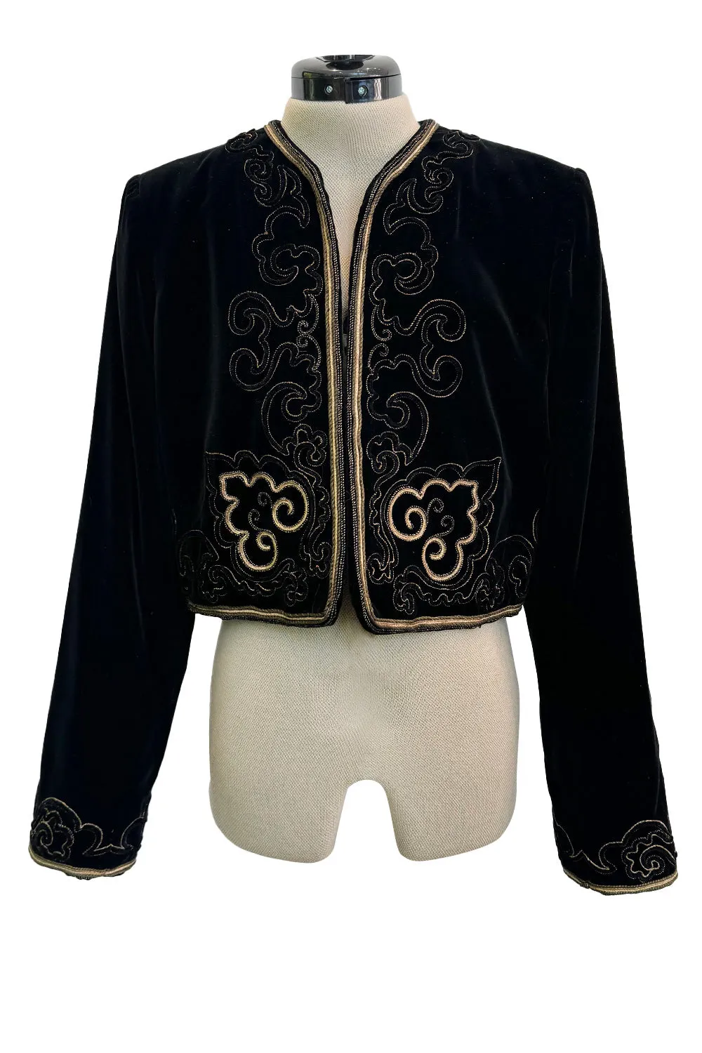 Fantastic 1970s Yves Saint Laurent Cropped Boc Cut Black Velvet Jacket w Metallic Gold Cord Detailing