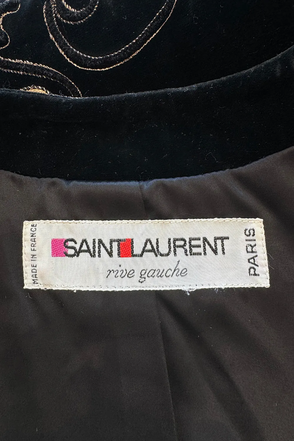 Fantastic 1970s Yves Saint Laurent Cropped Boc Cut Black Velvet Jacket w Metallic Gold Cord Detailing