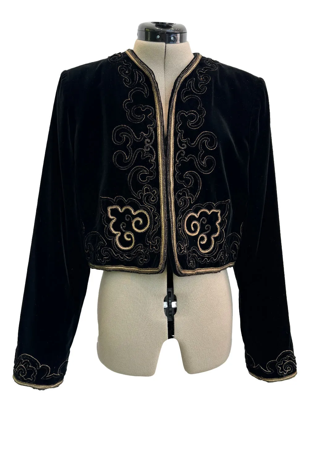 Fantastic 1970s Yves Saint Laurent Cropped Boc Cut Black Velvet Jacket w Metallic Gold Cord Detailing