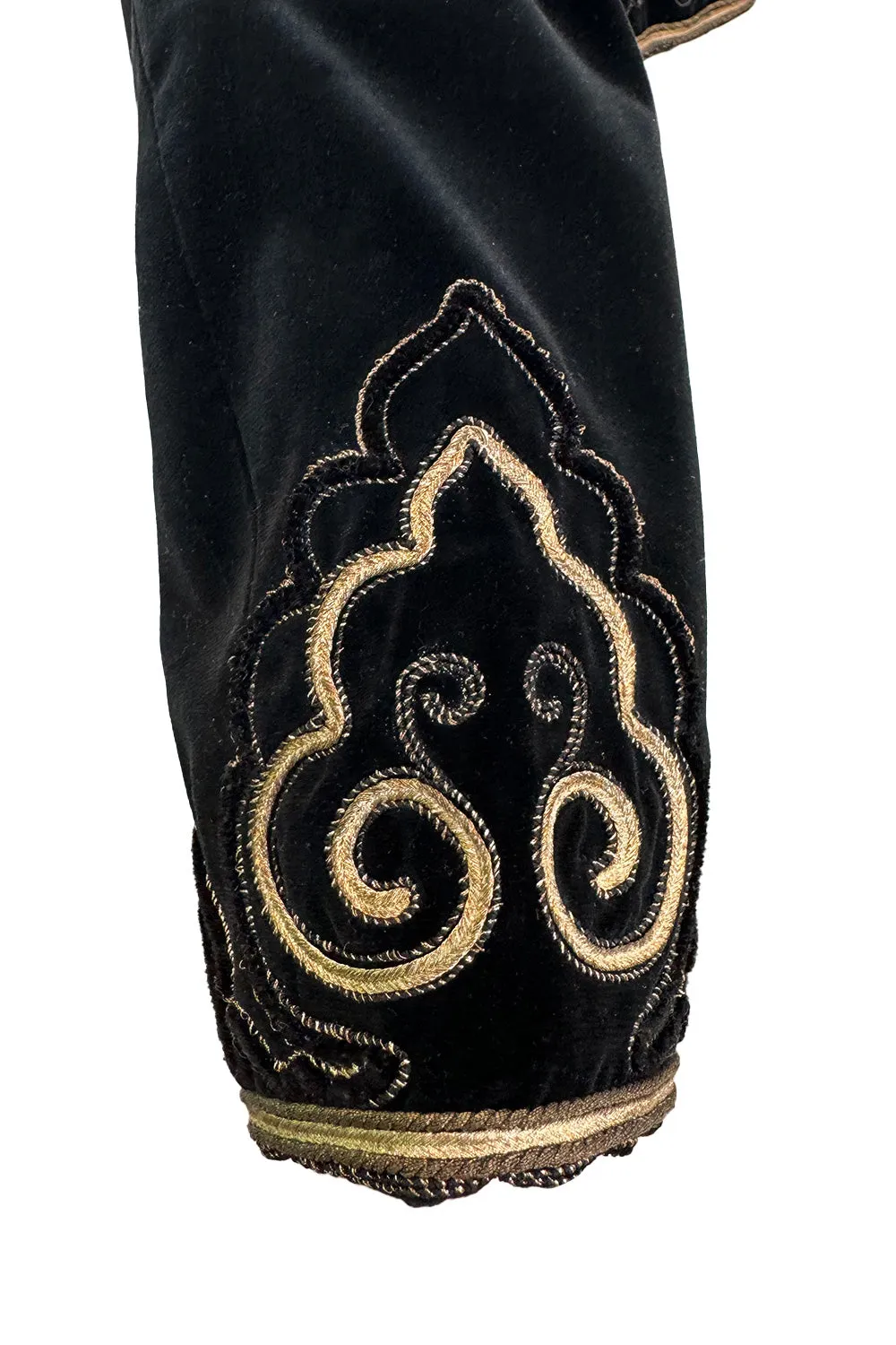Fantastic 1970s Yves Saint Laurent Cropped Boc Cut Black Velvet Jacket w Metallic Gold Cord Detailing